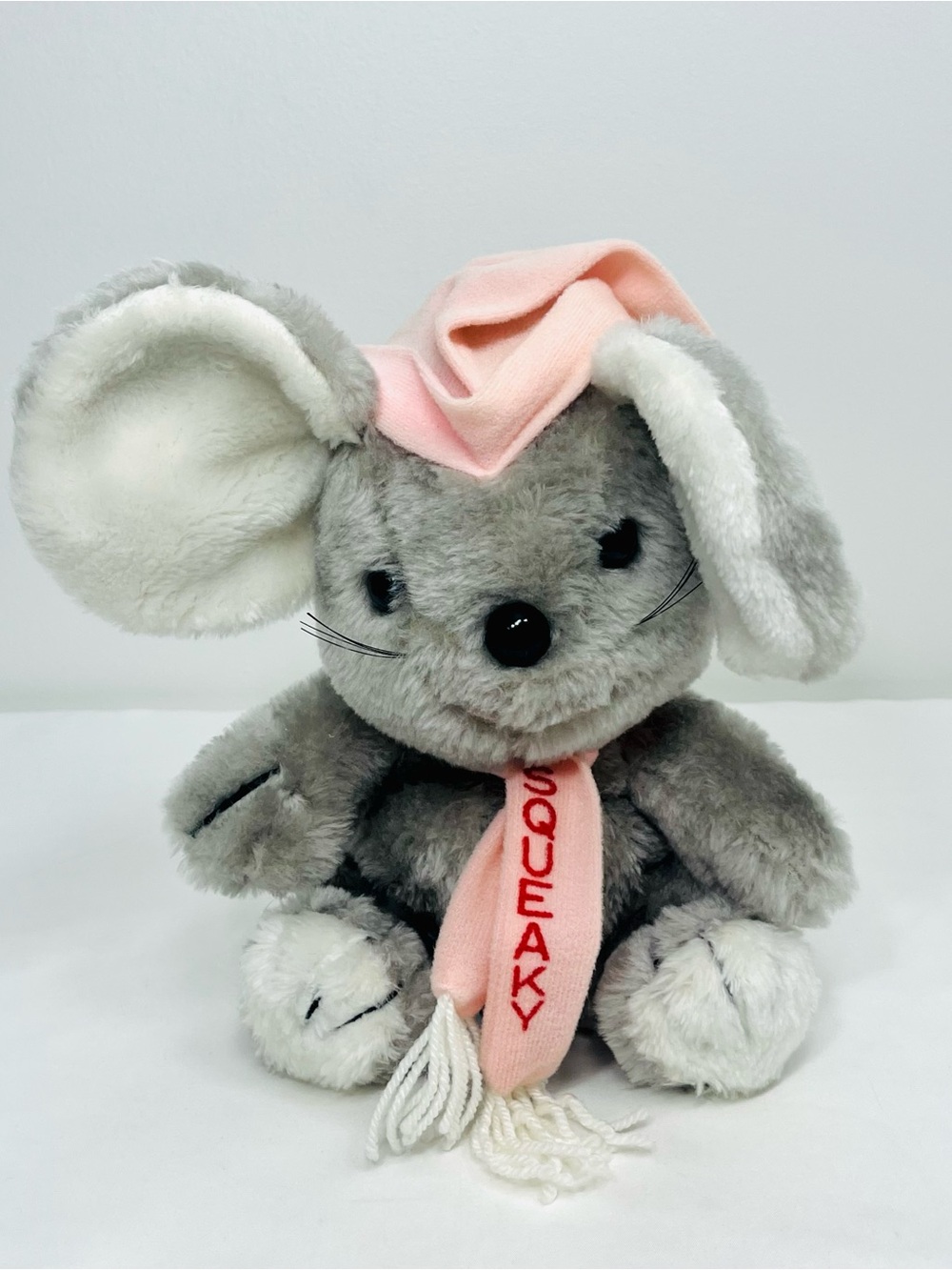 Gray Plush Mouse with Pink Hat & Scarf Squeaky 10” - Kids Stuffed Animal Vintage